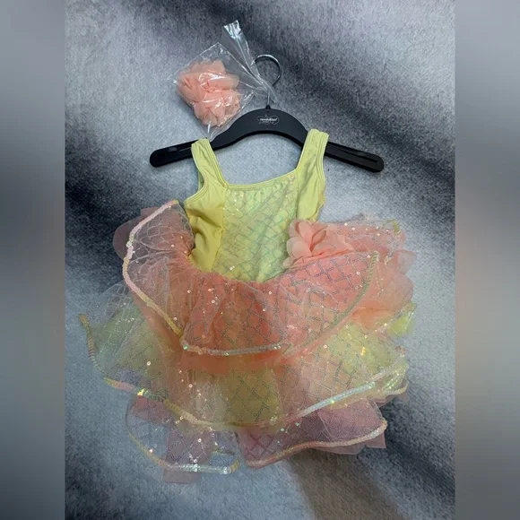 Revolution Dancewear Girl’s Yellow Peach Mesh Sequin Ruffle Costume Dress SC - Picture 6 of 9